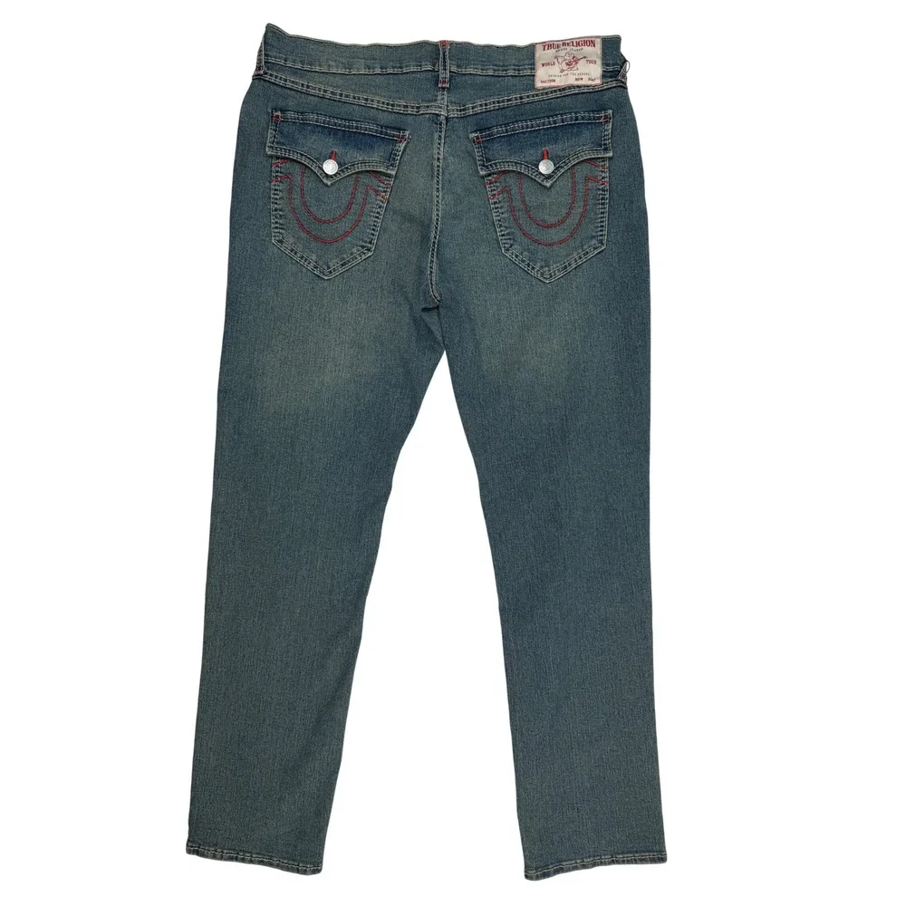 True Religion Geno Big T Flap Slim Jeans Medium Steamy Wash Red Stitch 36X32 NEW